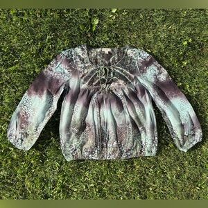 Live and Let Live L/S Blouse Top Womens Lg Green Brown Bohemian Boho